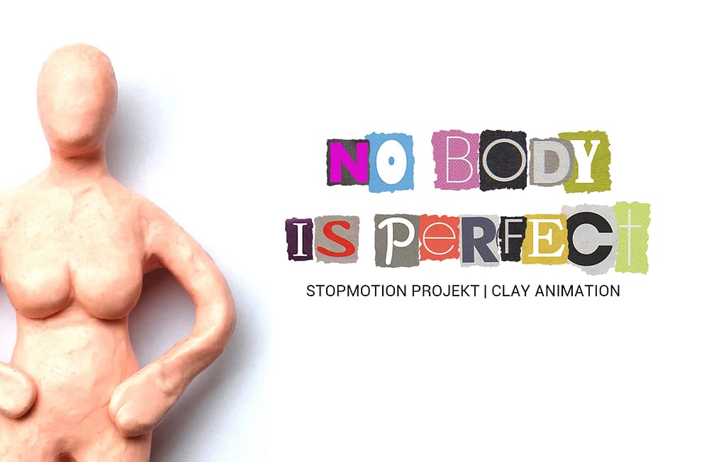 Titel des Videos „No Body Is Perfect“ aus einzelnen Papierbuchstaben zusammengefügt