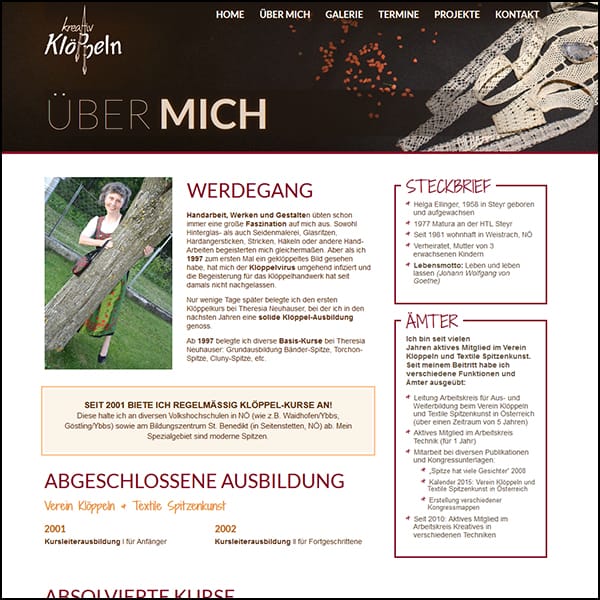 Screenshot Web Design Kreativ Klöppeln Über Mich