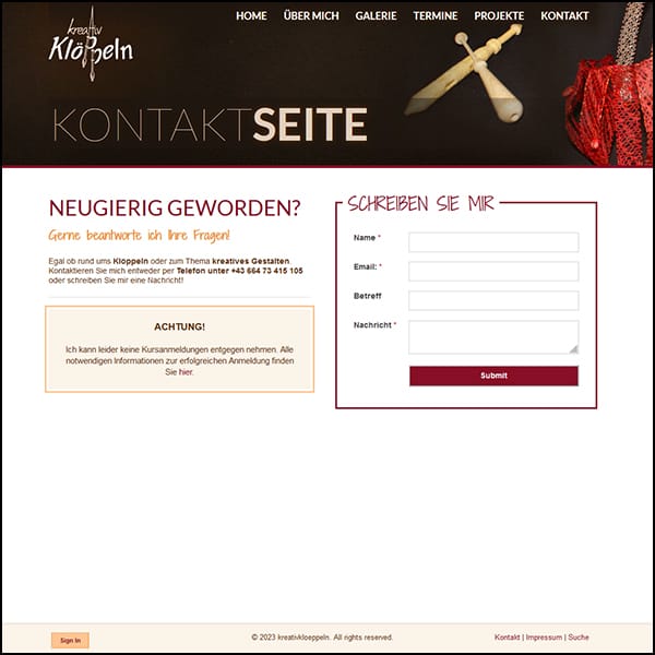 Screenshot Web Design Kreativ Klöppeln Kontakt