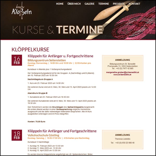 Screenshot Web Design Kreativ Klöppeln Termine
